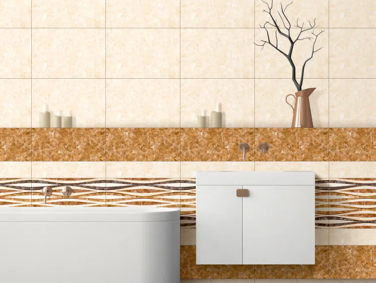 Marble bathroom design using ODG Canika Brown tiles, featuring sink with cabinet